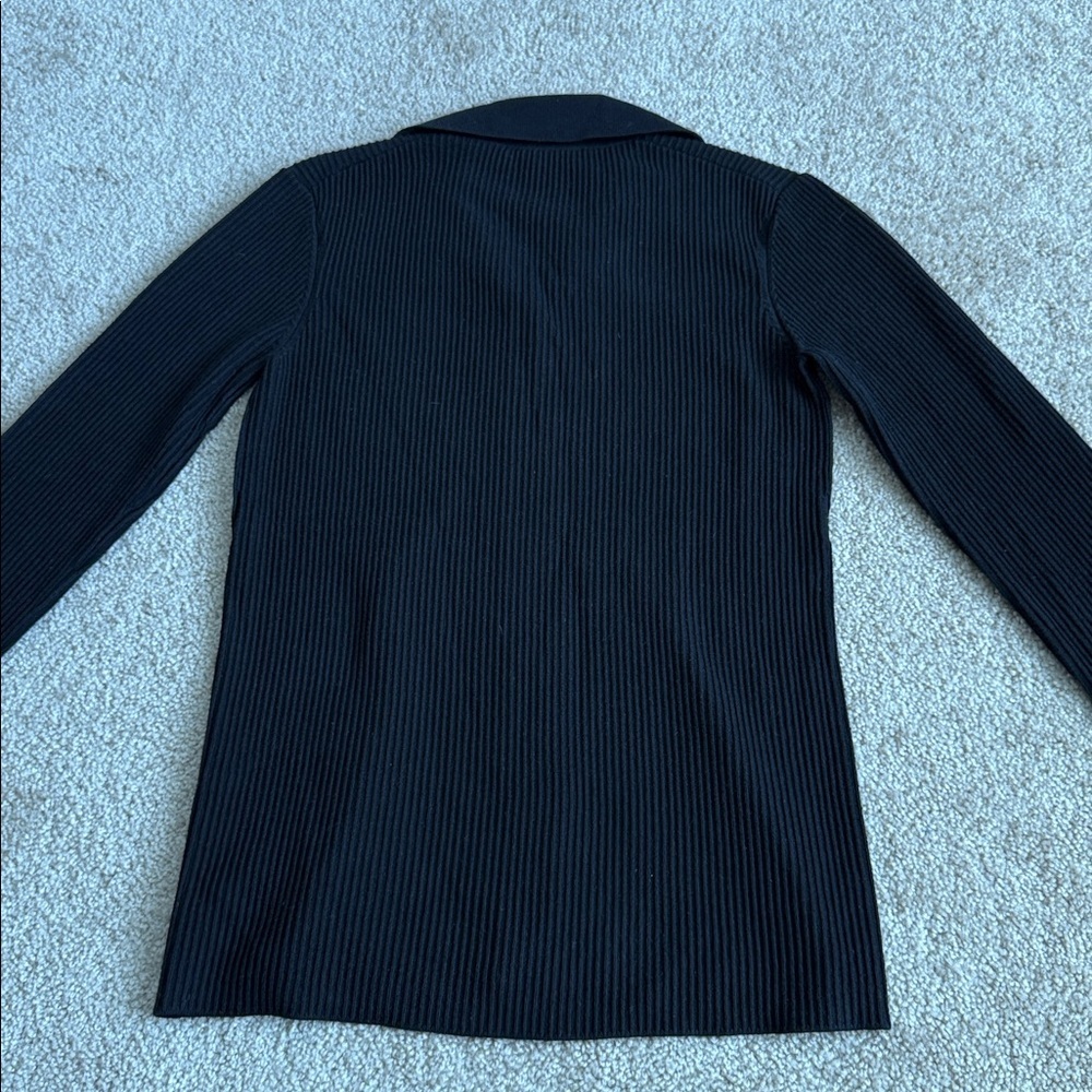 Frame Slim Ribbed Button Front Collared Cardigan Black Noir Sweater - Picture 4 of 10